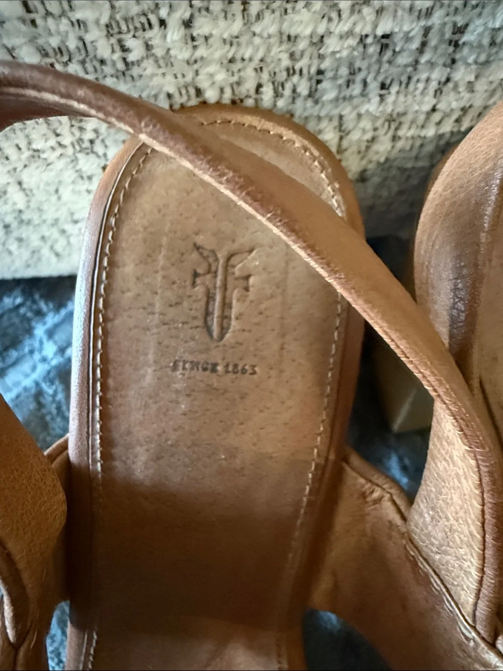 Frye Tan Leather Platform Wedge Sandals